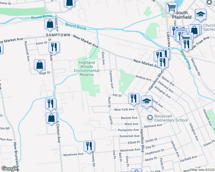 map of restaurants, bars, coffee shops, grocery stores, and more near 526 Carmine Avenue in South Plainfield