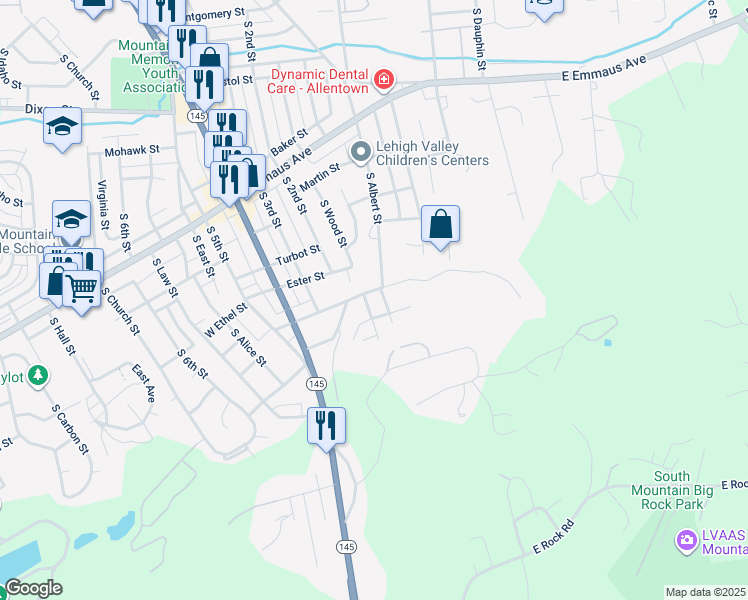 map of restaurants, bars, coffee shops, grocery stores, and more near 19 East Mountain Road in Allentown