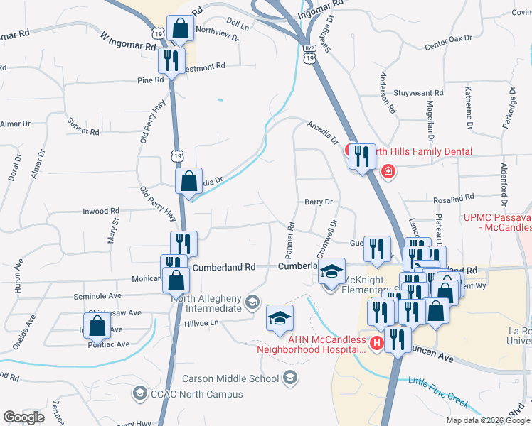 map of restaurants, bars, coffee shops, grocery stores, and more near 9245 Darrell Drive in Pittsburgh