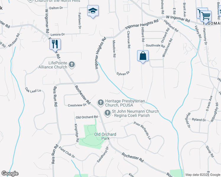 map of restaurants, bars, coffee shops, grocery stores, and more near 2304 Salem Drive in Pittsburgh