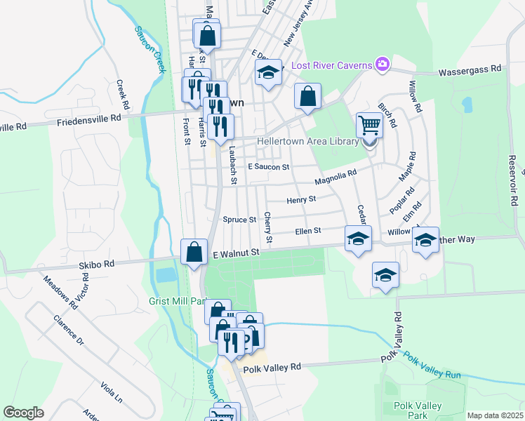 map of restaurants, bars, coffee shops, grocery stores, and more near 214 Cherry Street in Hellertown