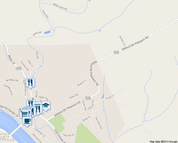 map of restaurants, bars, coffee shops, grocery stores, and more near 377 Milford Mount Pleasant Road in Milford