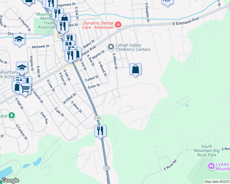 map of restaurants, bars, coffee shops, grocery stores, and more near 19 East Mountain Road in Allentown