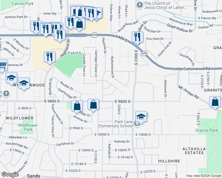 map of restaurants, bars, coffee shops, grocery stores, and more near 2196 Thistlewood Way in Sandy