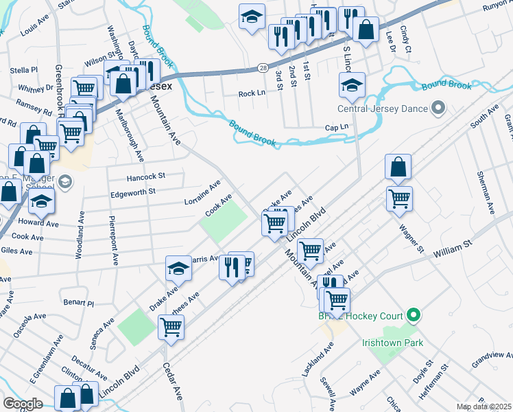 map of restaurants, bars, coffee shops, grocery stores, and more near 712 Pershing Avenue in Middlesex