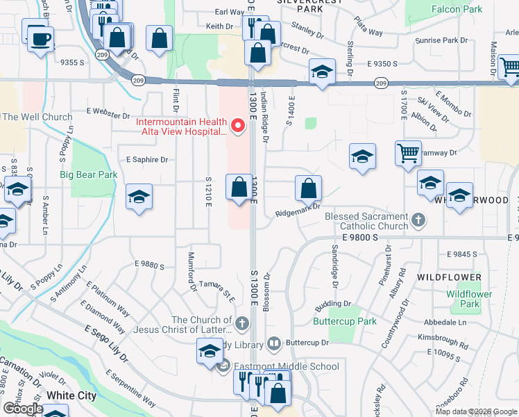 map of restaurants, bars, coffee shops, grocery stores, and more near 1352 Indian Ridge Circle in Sandy