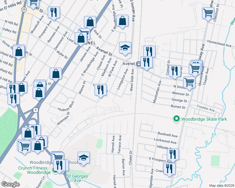 map of restaurants, bars, coffee shops, grocery stores, and more near 36 Livingston Avenue in Woodbridge Township