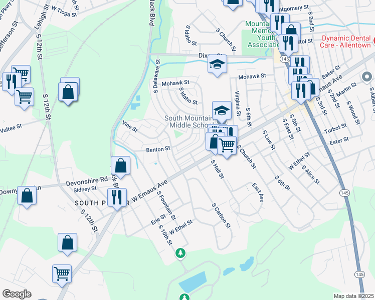 map of restaurants, bars, coffee shops, grocery stores, and more near 813 Benton Street in Allentown