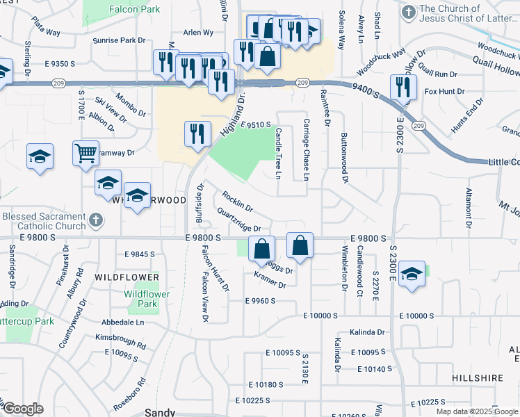 map of restaurants, bars, coffee shops, grocery stores, and more near 2045 Rocklin Drive in Sandy