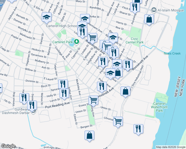 map of restaurants, bars, coffee shops, grocery stores, and more near Pulaski Avenue in Carteret