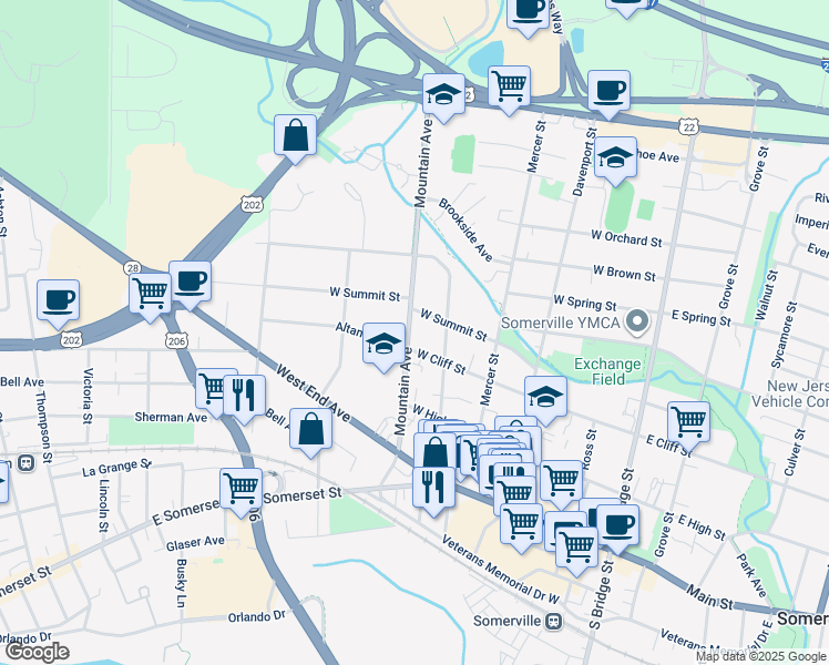 map of restaurants, bars, coffee shops, grocery stores, and more near 102 Mountain Avenue in Somerville