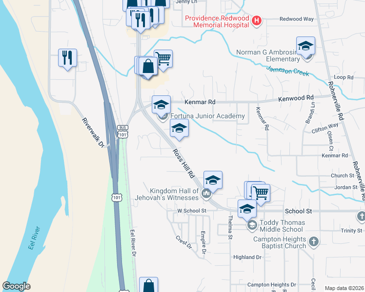 map of restaurants, bars, coffee shops, grocery stores, and more near 1274 Ross Hill Rd in Fortuna