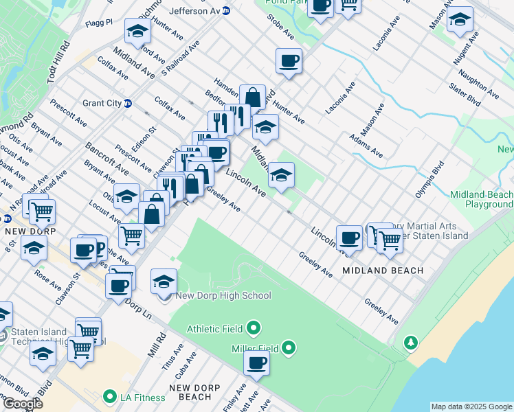 map of restaurants, bars, coffee shops, grocery stores, and more near 253 Rudyard Street in Staten Island