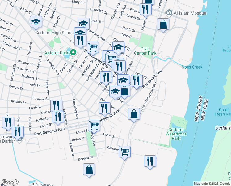 map of restaurants, bars, coffee shops, grocery stores, and more near 41 Atlantic Street in Carteret