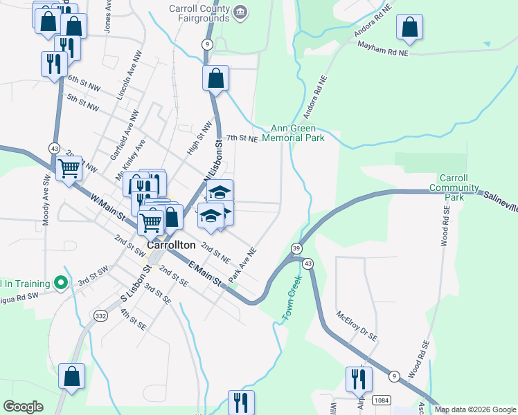 map of restaurants, bars, coffee shops, grocery stores, and more near 293 4th Street Northeast in Carrollton