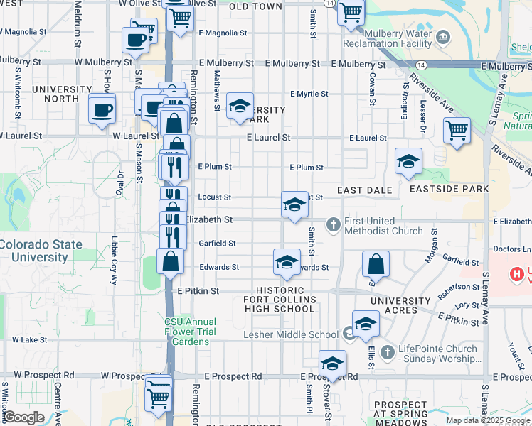 map of restaurants, bars, coffee shops, grocery stores, and more near 905 Whedbee Street in Fort Collins
