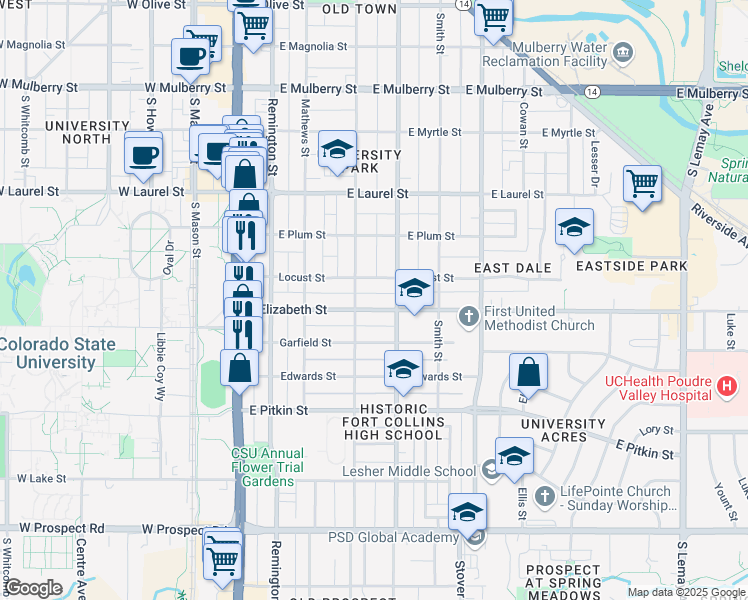 map of restaurants, bars, coffee shops, grocery stores, and more near 905 Whedbee Street in Fort Collins