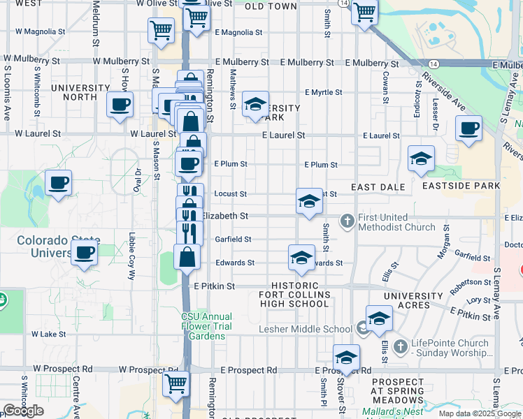 map of restaurants, bars, coffee shops, grocery stores, and more near 335 Locust Street in Fort Collins