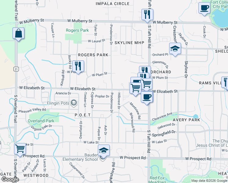 map of restaurants, bars, coffee shops, grocery stores, and more near 928 Ponderosa Drive in Fort Collins