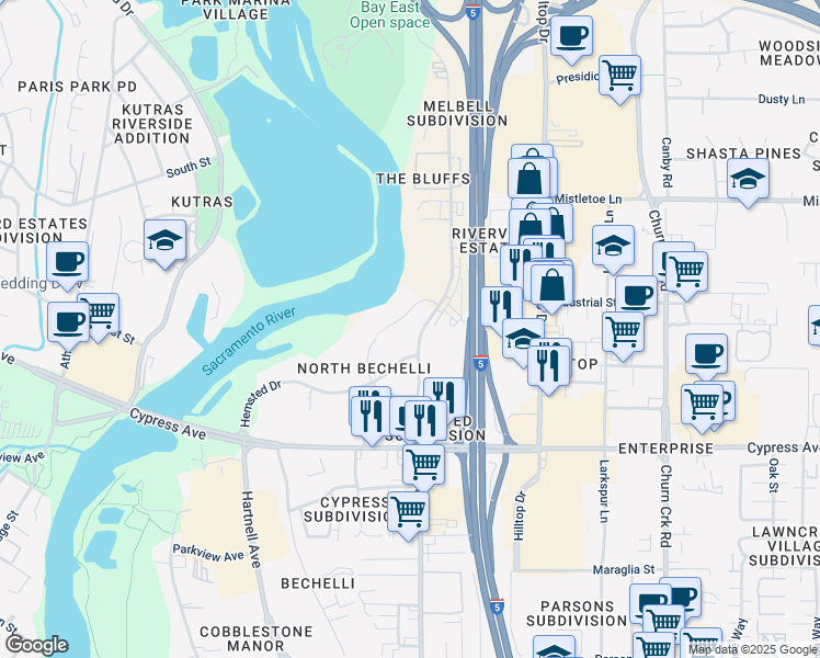map of restaurants, bars, coffee shops, grocery stores, and more near 443 Redcliff Drive in Redding