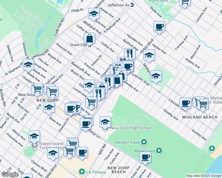 map of restaurants, bars, coffee shops, grocery stores, and more near 286 Prescott Avenue in Staten Island