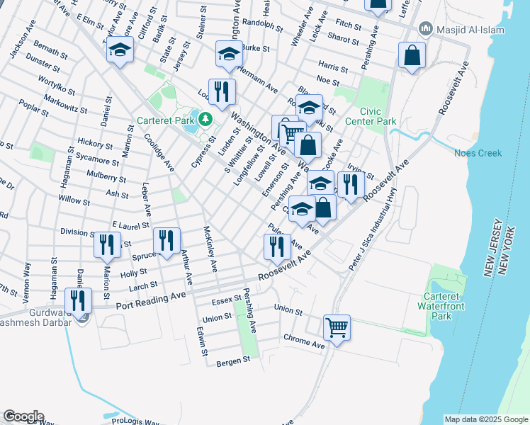 map of restaurants, bars, coffee shops, grocery stores, and more near 67 Carteret Avenue in Carteret