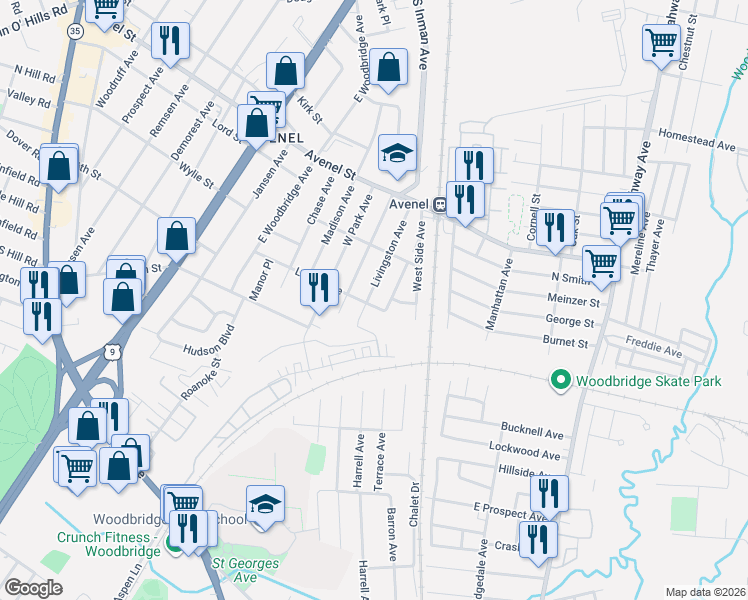 map of restaurants, bars, coffee shops, grocery stores, and more near 36 Livingston Avenue in Woodbridge Township
