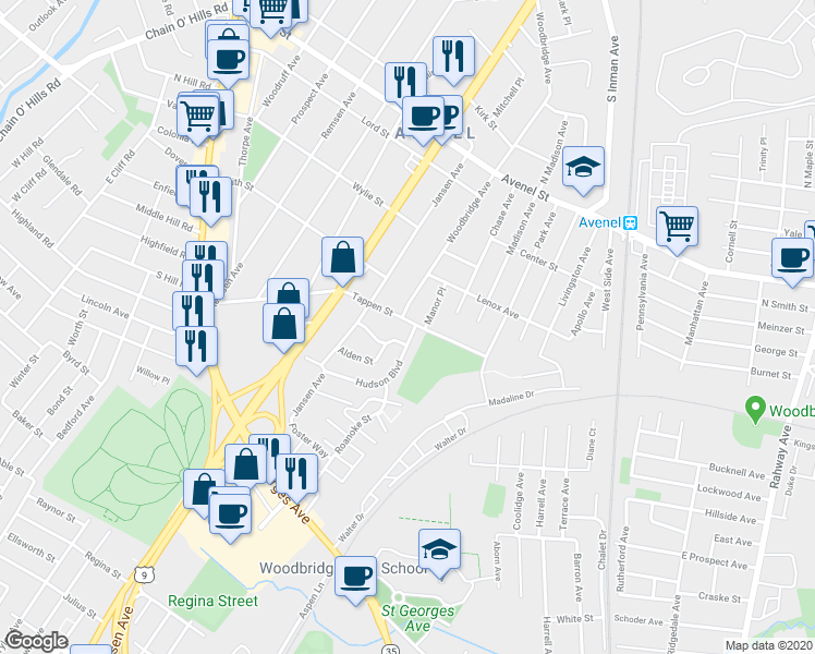 map of restaurants, bars, coffee shops, grocery stores, and more near 423 Tappen Street in Woodbridge Township
