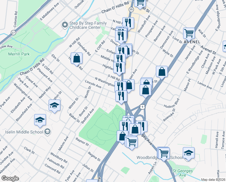 map of restaurants, bars, coffee shops, grocery stores, and more near 3 North Washington Avenue in Woodbridge Township