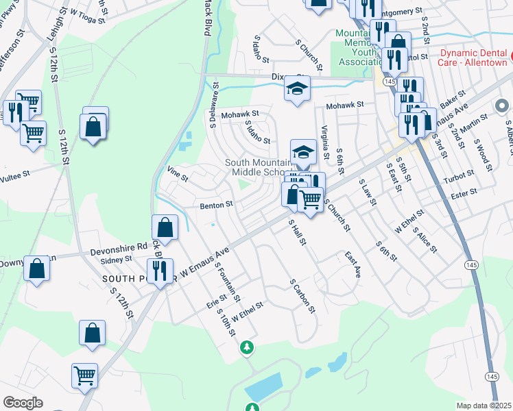 map of restaurants, bars, coffee shops, grocery stores, and more near 813 Benton Street in Allentown