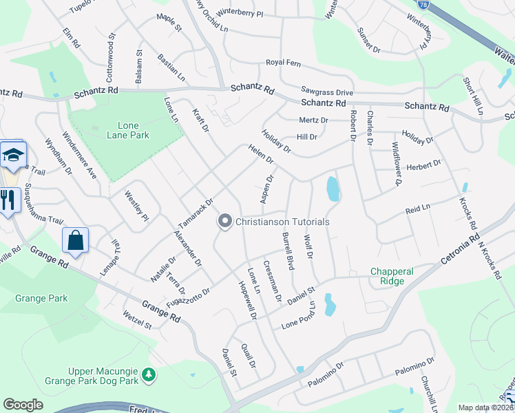 map of restaurants, bars, coffee shops, grocery stores, and more near 213 Lone Lane in Allentown