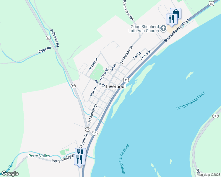 map of restaurants, bars, coffee shops, grocery stores, and more near 104 North Market Street in Liverpool