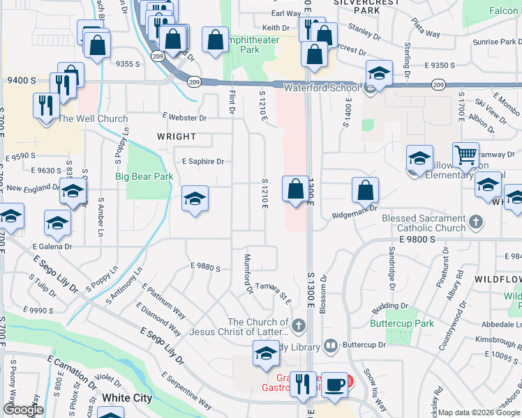 map of restaurants, bars, coffee shops, grocery stores, and more near 9718 South 1210 East in Sandy