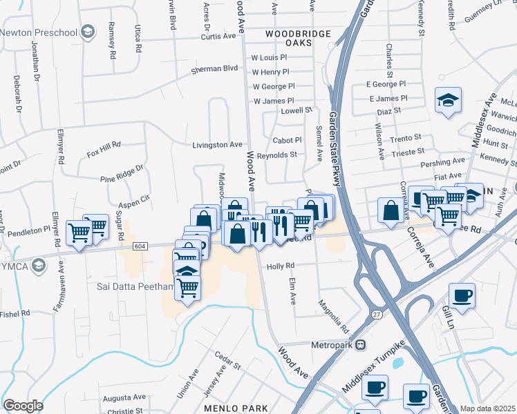 map of restaurants, bars, coffee shops, grocery stores, and more near 2 Adams Street in Woodbridge Township