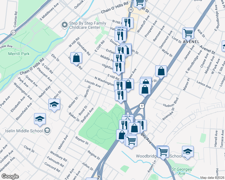 map of restaurants, bars, coffee shops, grocery stores, and more near 3 North Washington Avenue in Woodbridge Township