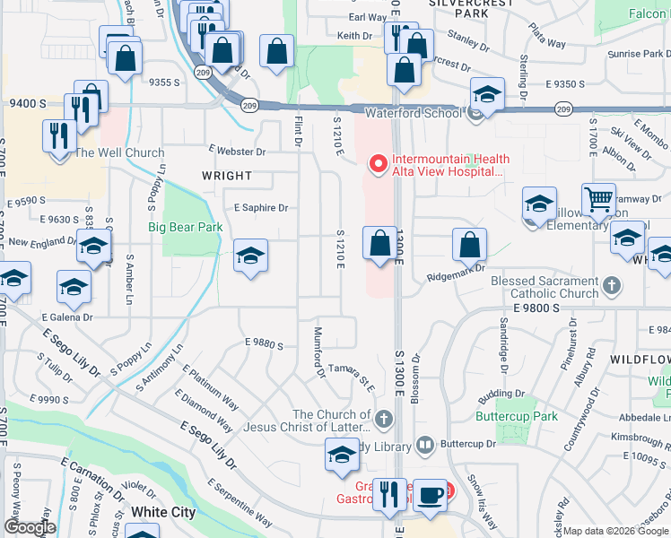 map of restaurants, bars, coffee shops, grocery stores, and more near 9718 South 1210 East in Sandy