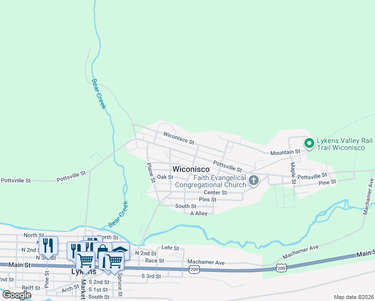 map of restaurants, bars, coffee shops, grocery stores, and more near 85 Wiconisco Street in Lykens