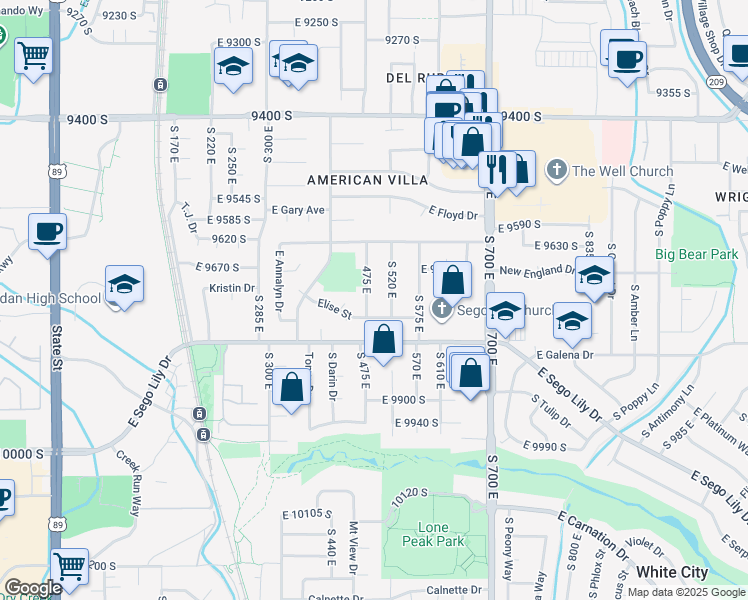map of restaurants, bars, coffee shops, grocery stores, and more near 9733 475 East in Sandy