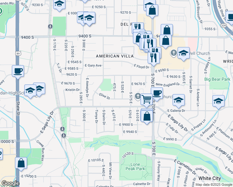 map of restaurants, bars, coffee shops, grocery stores, and more near 9733 Quindaro Road in Sandy