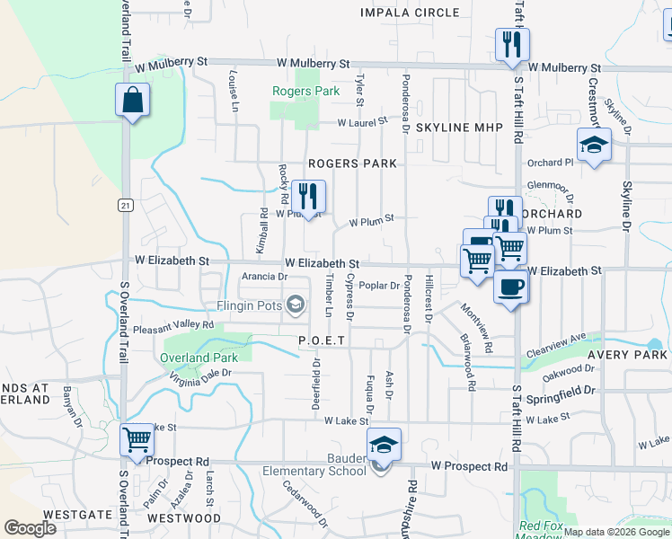 map of restaurants, bars, coffee shops, grocery stores, and more near 2510 West Elizabeth Street in Fort Collins