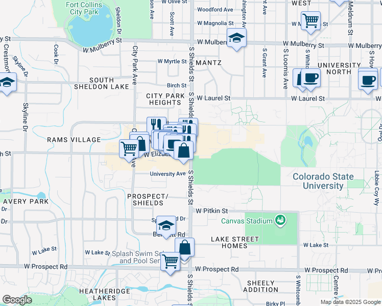 map of restaurants, bars, coffee shops, grocery stores, and more near 830 South Shields Street in Fort Collins