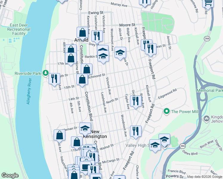 map of restaurants, bars, coffee shops, grocery stores, and more near 1600 Victoria Avenue in New Kensington