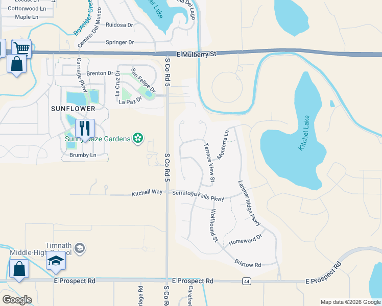 map of restaurants, bars, coffee shops, grocery stores, and more near 1030 Waterfall Street in Timnath