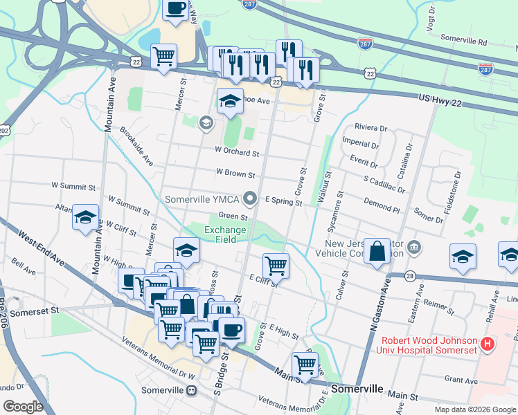 map of restaurants, bars, coffee shops, grocery stores, and more near 191 North Bridge Street in Somerville