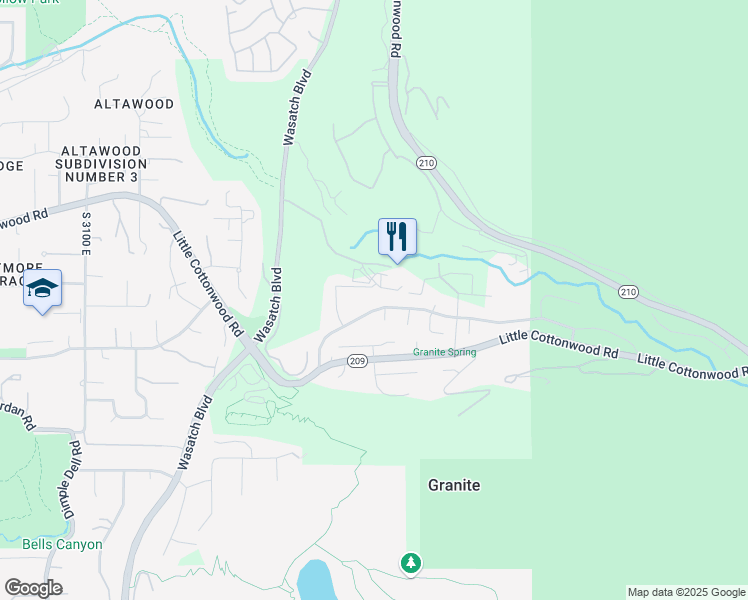 map of restaurants, bars, coffee shops, grocery stores, and more near 3623 Little Cottonwood Lane in Sandy