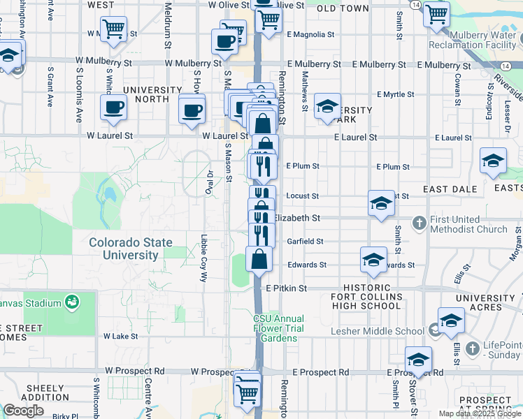 map of restaurants, bars, coffee shops, grocery stores, and more near 914 South College Avenue in Fort Collins