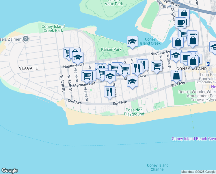 map of restaurants, bars, coffee shops, grocery stores, and more near 2929 West 30th Street in Brooklyn