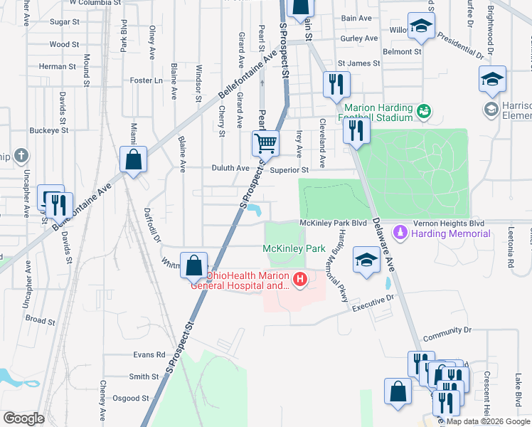 map of restaurants, bars, coffee shops, grocery stores, and more near 215 Lake Street in Marion