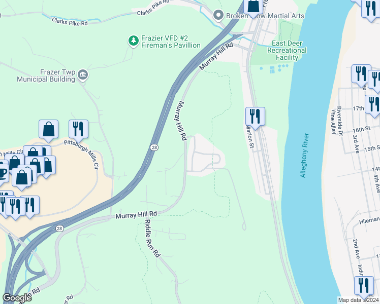 map of restaurants, bars, coffee shops, grocery stores, and more near 319 Garden Hill Drive in Tarentum