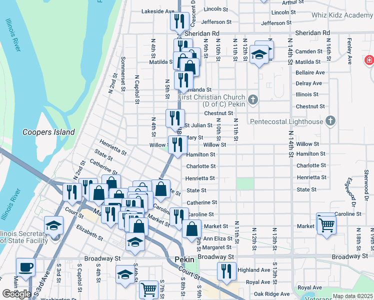 map of restaurants, bars, coffee shops, grocery stores, and more near 802 Willow Street in Pekin